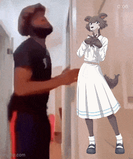a man is standing next to a cartoon character with the time 0:06