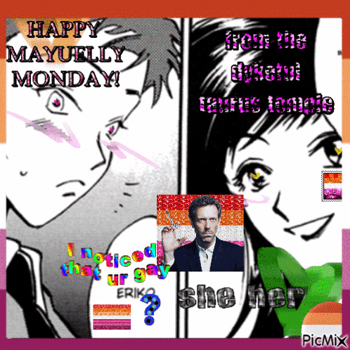 a poster that says happy mayually monday with a picture of a man and a woman
