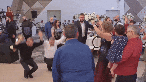 a group of people are dancing at a party