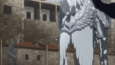 a statue of a man with wings is standing in front of a building