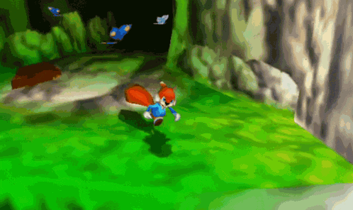 a cartoon squirrel in a blue shirt is running through a green field
