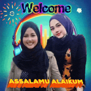 two women are standing next to each other in front of a sign that says " welcome "