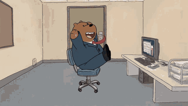 a cartoon of a bear sitting in an office chair with his feet up