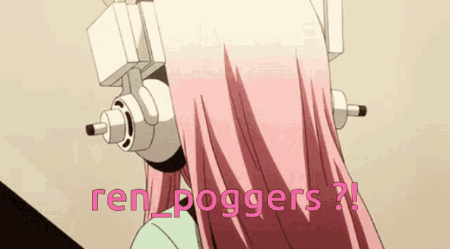 a girl with pink hair is wearing headphones with the words ren poggers written below her