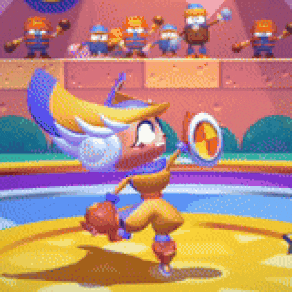 a pixel art drawing of a cartoon character holding a frisbee