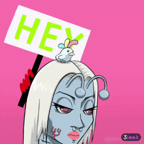 a cartoon drawing of a woman holding a sign that says " hey it 's "