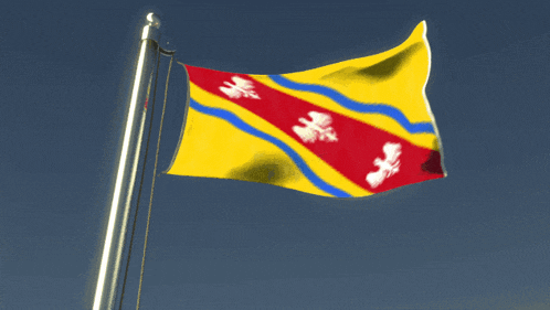 a yellow and red flag with a blue stripe on the bottom