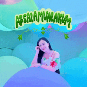 a woman is surrounded by balloons with the words assalamualaikum welcome below her