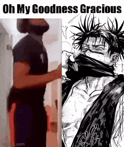 a man with a beard is standing next to a drawing of a man with a bandage around his neck .