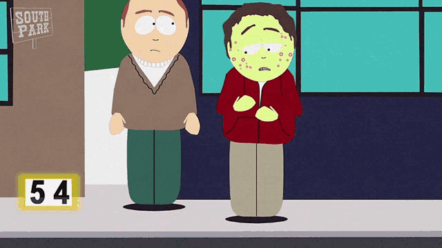two cartoon characters are standing in front of a south park building
