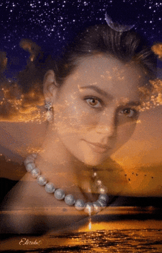 a woman wearing a pearl necklace stands in front of a starry night sky