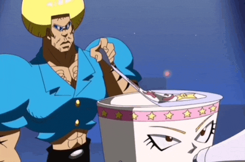 a cartoon character holding a spoon next to a cup with a face on it