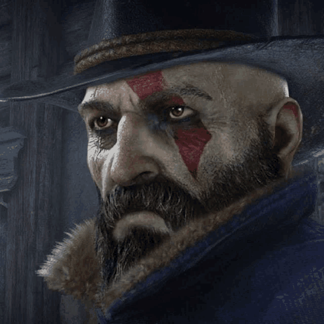 a man with a beard is wearing a cowboy hat and a blue coat