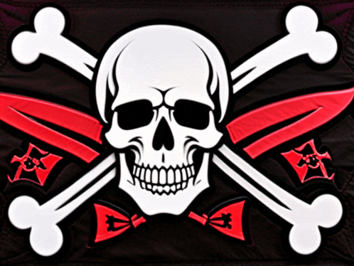 a skull and crossbones on a black background with red swords