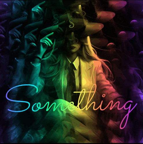 a woman in a suit and tie is surrounded by jellyfish and the words something in neon