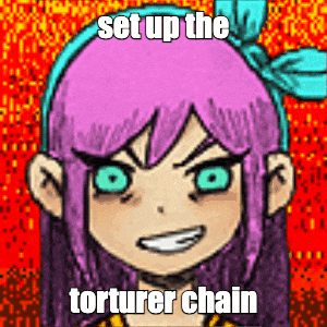 a cartoon girl with purple hair and blue eyes is smiling and says `` set up the torturer chain ''