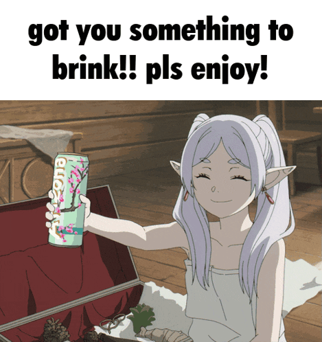 a picture of a girl holding a can of euphoria with the caption " got you something to brink !! pls enjoy "