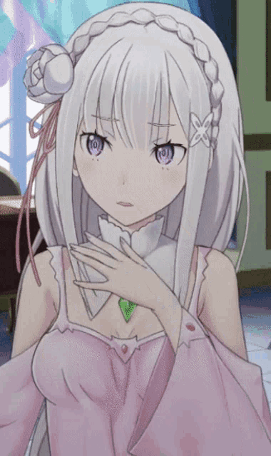 a girl with white hair and purple eyes is wearing a pink dress and a green necklace