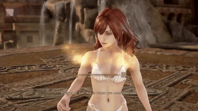 a video game character in a bikini says " pursue or not "