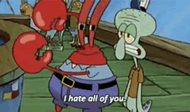 squidward and mr. krabs from spongebob squarepants are standing next to each other on a boat .