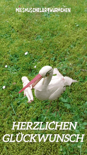 a picture of a stork with a red beak and the words " herzlichen glückwunsch " on the bottom