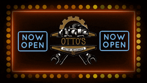 a neon sign for otto 's motor mechanics says now open