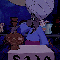 a cartoon of a man holding a vase with the letter s on a table