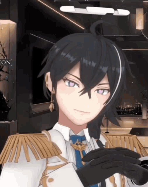 a man with black hair and purple eyes is in front of a sign that says ion