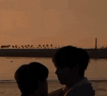 a man and a woman are standing next to each other on the beach at sunset .