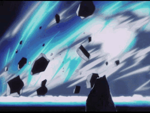 a cartoon scene with a blue light coming out of the ground