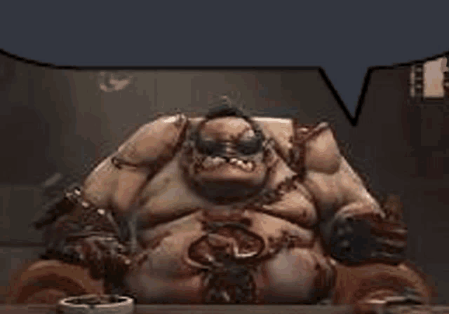a cartoon monster is sitting at a table with a speech bubble above him .