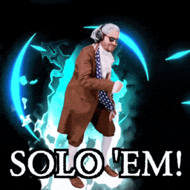 a man in a suit and tie is dancing in front of a blue circle that says solo em