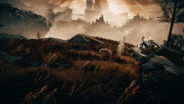 a man riding a horse in a field with graves in the background