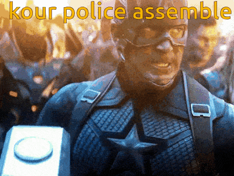 captain america is holding a hammer and the words kour police assemble are above him
