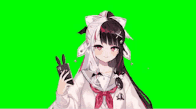 a girl in a school uniform is holding a phone in her hand .