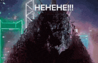 a monster with horns is standing in front of a city at night and laughing .