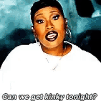 a woman is singing a song and says `` can we get kinky tonight '' .
