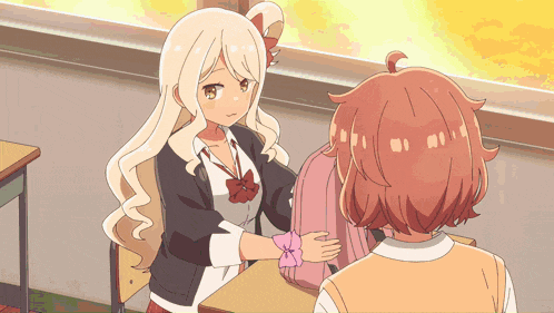 two anime girls are sitting at a desk in front of a window talking