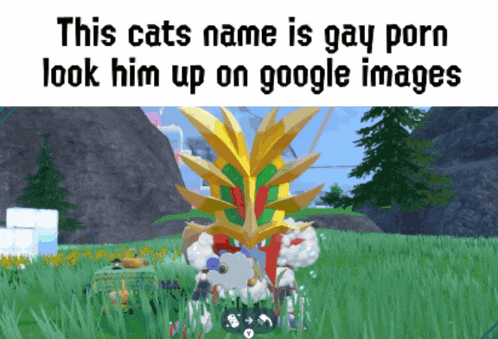 a screenshot of a video game with a caption that says this cats name is gay porn look him up on google images