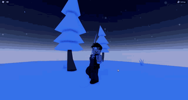 a cartoon character is standing in front of two snow covered trees in a snowy field