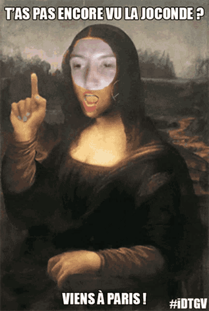a painting of a woman giving the middle finger and the caption t'as pas encore vu la joconde