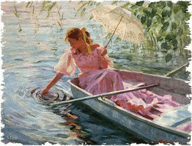 a woman in a pink dress is rowing a boat in the water