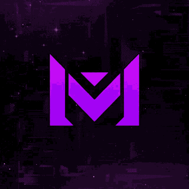 a purple letter m is lit up on a dark purple background