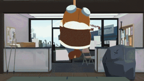 a cartoon character is hanging from a rope in a room with a massage shop in the background