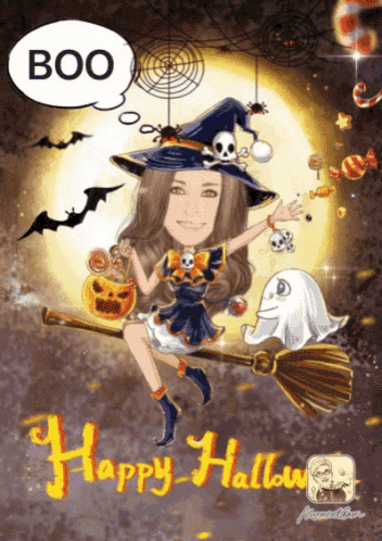 a woman in a witch costume is flying on a broom with a ghost and says boo