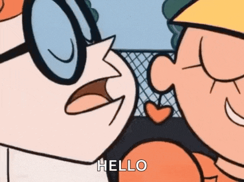 a couple of cartoon characters are kissing each other and one of them is saying `` hello '' .
