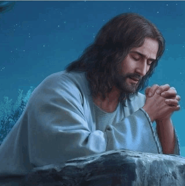 a painting of jesus praying on a rock with his eyes closed