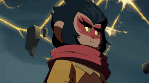 a cartoon character with a scarf around his neck looks angry