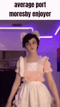 a girl in a maid costume is standing in front of a purple light .