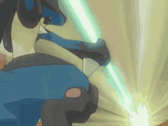 a cartoon character is holding a green light beam in his hand
